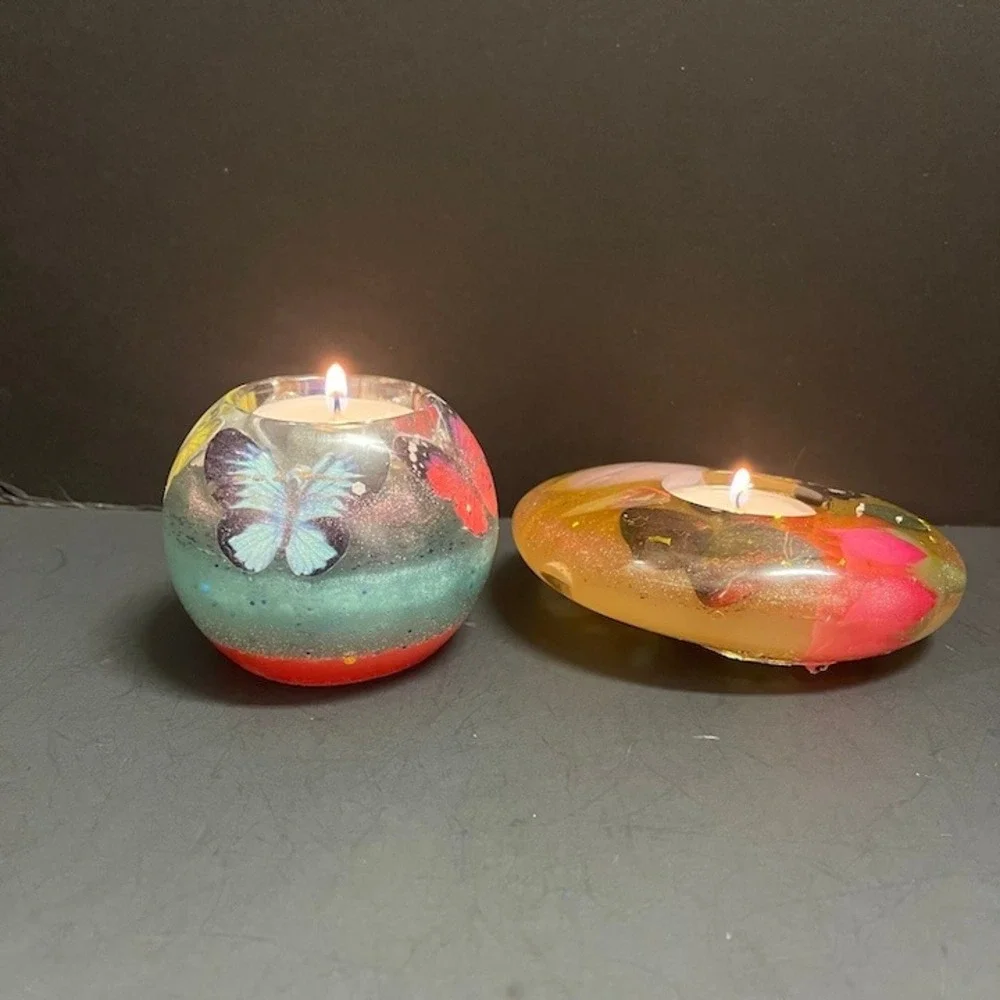 Two Handcrafted Tea Light Candle Holders‎ Butterflies Flowers Shells